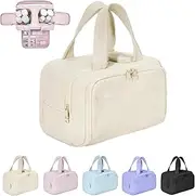 [Generic] Cureaway Travel Cosmetic Bag, Large Capacity Wide-Open Travel Cosmetic Bag, Waterproof Portable Pouch Open Flat Toiletry Bags, 4-in-1 Puffy Multi-Functional Toiletry Bag for Women (Beige)