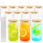 Joyclub 12 Set Glass Cups with Bamboo Lids and Straws 16oz Can Shaped Reusabl...