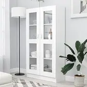 White Vitrine Cabinet 82.5 x 30.5 x 150 cm, Engineered Wood Bookcase with Glass Doors, Modern Bookshelf Organizer for Home or Office, Wall-Mounted Display Shelf for Living Room Decor