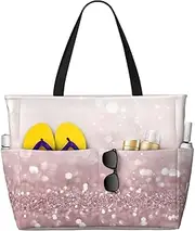 [Ghjkfbf] Pink Glitter Print Large Capacity Beach Travel Bag For Family, Beach Tote Bag For Women With Zipper Pockets, Black, One Size