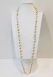Vintage 1990s Gold Faux Pearl Lucite Crystal Necklace 38”