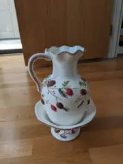 Ceramic Bowl Pitcher Jug White Brown Red Pine Cone Fir Tree Rustic Cabin Cottage
