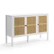 Design Square Lucien Sideboard Buffet Unit Storage Cabinet W/ 3-Doors - White/Rattan