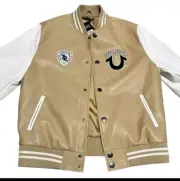 True Religion Varsity PU Jacket Men Two Tone Beige/White SIZE Med NEW WITH TAG