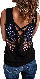 [MHTOR] American Flag Wing Criss-Cross Open Back Tank Women Patriotic Shirt Flag Print Sleeveless T-Shirt 4th of July Tank Top
