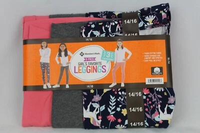 Members Mark 3pack Girls Favorite Leggings 14/16 Unicorn Print, Grey, Rose Sand