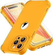 ORETECH Compatible with iPhone 15 Pro Max Case with [2 x Tempered Glass Screen Protector] 360°Full Body Shockproof Case Ultra Thin Hard PC Silicone Case Cover for iPhone 15 Pro Max 6.7'' - Yellow