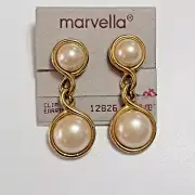 Marvella gold pearl 2” Drop Huge cabochon Earrings Vintage Clip Back new on card