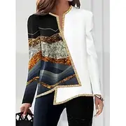 Women's Plus Size Blouse Elegant Vintage Fashion Color Block Print Long Sleeve Regular Tops V Neck Work Casual Black White Wine Red Gold Spring Fall