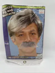 Geoetto Wig & Moustache Costume GRAY Old Man Costume Accessory Pipe NEW