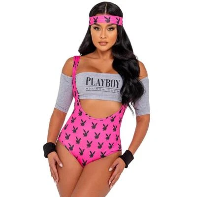 Retro Aerobics Costume Set Workout Playboy Bunny Logo Bodysuit Headband PB144