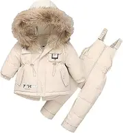 [JELEUON] 2 Pcs Little Girls Winter Warm Drawstring Cute Fur Trim Puffer Down Hooded Jacket With Snow Pants Ski Snowsuit Set