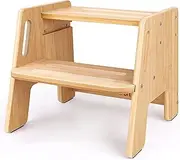 Step Stool, Height-Adjustable 2-Step Stool for Kids, Wooden Toddler Potty Training Stool with Handles for Bathroom Sink, Kitchen, Bedroom
