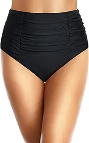 [Holipick] Women High Waisted Bikini Bottom Tummy Control Swim Bottom Vintage Ruched Swimsuit Bottom