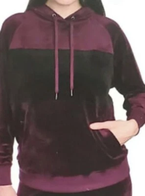 Champion Elite Womens Velour Hooded Pullover Sweatshirt Black Burgundy Large