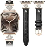 [Calina] Clover Leather Band fits Apple Watch Band 42mm(Series 10) 41mm 40mm 38mm Series 10 SE 9 8 7 6 5 4 3, Cute Bracelet for Apple Watch Strap Woman, Thin iWatch Band for Apple Smart Watch Band-Black