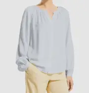 $285 Theory Womens Blue Pleated Band Collar Long Sleeve Blouse Top Petite Size P