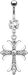 [VERAMI] 14G 316L Celtic Cross Belly Button Ring Surgical Steel Paved Gems Dangling Belly Button Ring Body Piercing Jewelry