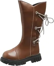 [JEUROT] Girl's Knee Length Boots Lace Up Lug Sole Chunky Heels Riding Bootie Non Slip Warm Faux Fur Lined Winter Kids Shoes