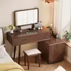 Evaro Dark Walnut 3-Drawer Cabinet Dressing Table with Stool and Mirror/Bedro...