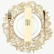 Crisjanggo Metallic Placemats Set of 6 Gold Leaf Round Placemats Non-Slip Wipeable Table Mats for Dinner,Party,Wedding Accent Centerpiece