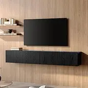WAMPAT Black Floating TV Stand Under TV Shelf, Wall Mounted Shelf, Modern Floating Entertainment Center with 3 Fluted Flip-Down Doors, 70" Large Storage Media Console Wall Unit for Living Room,Bedroom