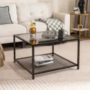 Costway 70 CM Modern 2-Tier Square Glass Coffee Table with Mesh Shelf-Grey