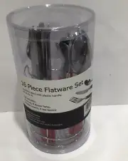 Stainless Steel Flatware Set 16pc Dishwasher Safe Wire Caddy Red Plastic Handles