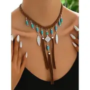 Women's Bohemian Braided Leather Necklace with Turquoise Beads, Feathers and Tassels - Perfect for Music Festivals and Holiday Outfits
