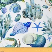 Coral Marine Life Chair Fabric: Seaside Sealife Upholstery Yardage - Vibrant Blu