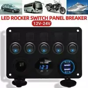 New 5 Gang 12V Switch Panel LED Light Rocker Circuit Breaker For Car Boat Marine