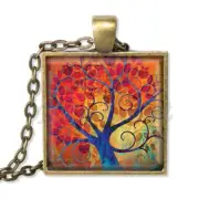 Whimsical Red Apple Tree Lovers - Handmade SQUARE Glass Pendant Necklace 25mm