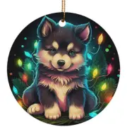 Cute Alaskan Malamute Puppy Dog Christmas 2024 Ornament Ceramic Xmas Gift Decor