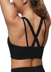 [Yvette] V Neck Criss Cross Back Yoga Sports Bra Women Wide Straps Light Support Removable Padding Workout Tank Top