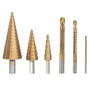6PCs HSS Step Drill Bit Sets Straight Titanium Coated Cone Hole Cutter Automatic Center Punch Spiral Twist Saw Drill Bit