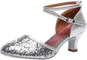 [HOBTEC] Womens Sequined Leather Pointed Toe Kitten Heel Latin Ballroom Dance Shoes