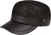[Lifup] Men's Genuine Leather Military Cadet Cap, Adjustable Snapback Genuine Sheepskin Newsboy Cap Flat Top Cap