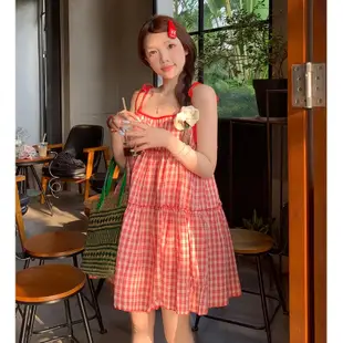 韓版休閒時尚紅色格子吊帶洋裝女裝寬鬆顯瘦學院風無袖A字洋裝
