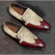 Handmade Two Tone Leather Beige Burgundy Shoes Mens Double Monk Formal Shoes