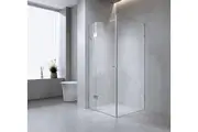 100x80cm Corner Frameless Shower Screen with White Brackets and Brass Hinges