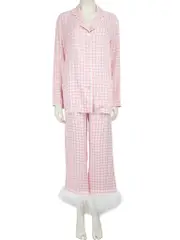 Pink Gingham Ostrich Feather Trim Pyjama Set
