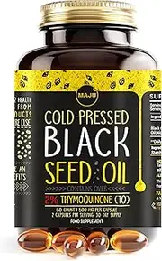 MAJU's Black Seed Oil Capsules - Cold Pressed, 2% Thymoquinone, 100% Turkish Black Cumin Nigella Sativa Seed Oil, Organic BSO, Non-GMO, 100% Liquid Pure Blackseed Oil, 60 count, 500mg per capsule