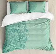 Mint Duvet Cover Set with Pillow Shams Mixed Leaves Botanical Print