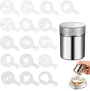 1 x Cocoa Shaker Stainless Steel Powder Shaker Chocolate Shaker, Fantasy Coffee Print Model Foam Spray Cake Stencils Icing Sugar Strainer, 16 Pieces Coffee Cappuccino Stencils