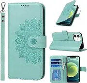 for iPhone 12 Pro Case Wallet with Cards Holder,Coque for iPhone 12Pro Flower Strap Case,Leather Case Women Flip Cover Bag portefeuille Pour Femmes for iPhone12 Pro Green