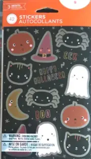 Halloween Stickers, 42 Shiny Autocollants, 3 sheets, Cat, Spiders, Ghosts