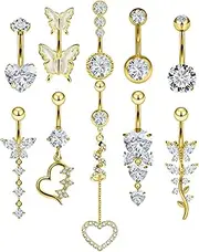 [Ocptiy] 9Pcs 10mm Dangle Belly Button Ring for Women 14G Stainless Steel Navel Crystal Barbell Body Piercing Silver Black Colorful Rose Gold