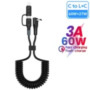 Coiled USB C Charger Type-C to iPhone Cable 2 in1 PD 60W Fast Charging Data Cord