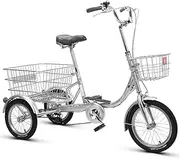 DEFGHIJ 14 in Tricycle Trike Bike 3 Wheel Cruiser Bike Steel Frame Commuter Exercise Bike with Adjustable Seat and Enlarged Cargo Basket for Seniors Women Men(Silver)