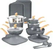 Non Stick Pots Pans Set 17 Pc Cookware Bakeware Oven Safe Induction Granite Gray